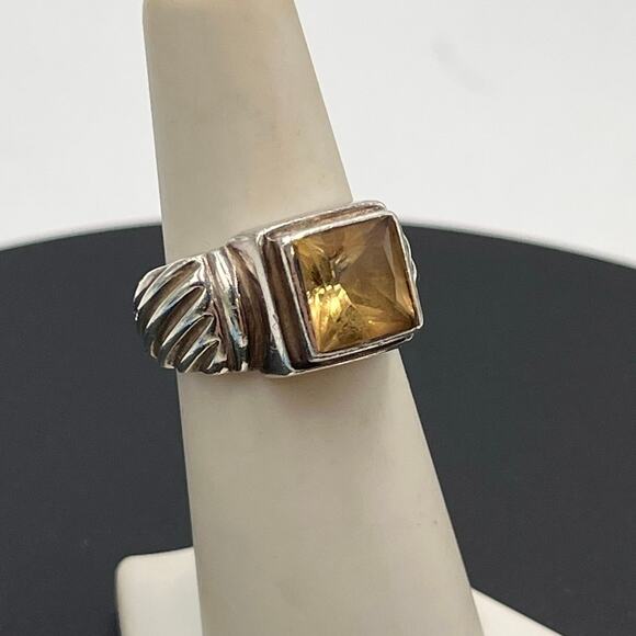 Sterling Silver 925 Square CITRINE Estate Ribbed Domed COCKTAIL RING size 6.5 - Picture 1 of 8
